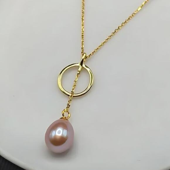 Gold Plated Necklace Teardrop Natural Freshwater Pearl Circular Layer Pink NWT - Picture 1 of 11